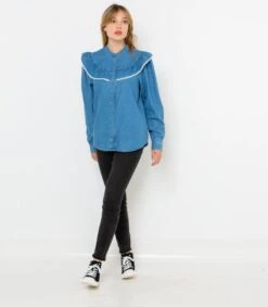 Chemise En Denim Et Volants Femme Double Stone | Blouses, Chemisiers Camaieu Femme -Vêtements Femme Soldes chemise en denim et volants femme double stone blouses chemisiers camaieu femme 4
