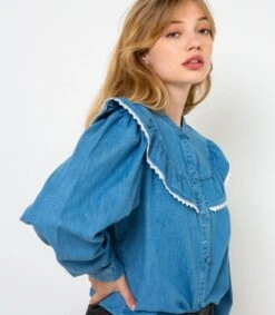Chemise En Denim Et Volants Femme Double Stone | Blouses, Chemisiers Camaieu Femme -Vêtements Femme Soldes chemise en denim et volants femme double stone blouses chemisiers camaieu femme 6