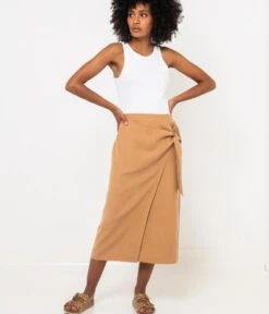 Jupe Midi Portefeuille Camel | Jupes Camaieu Femme -Vêtements Femme Soldes jupe midi portefeuille camel jupes camaieu femme 4