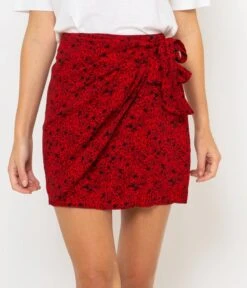 Jupe Portefeuille Imprimé Fleuri Fleurs Graphique Fond Rouge | Jupes Camaieu Femme