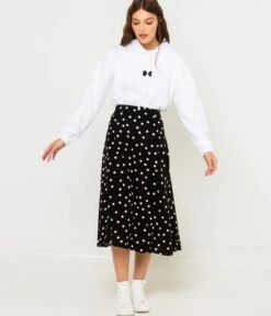 Longue Jupe À Pois Gros Pois Reveal Noir Fd Craie | Jupes Camaieu Femme