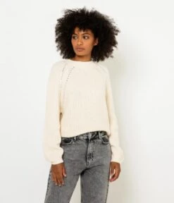 Pull Grosse Maille Femme Coton Bio Pastel Parchment | Pull, Gilets Camaieu Femme