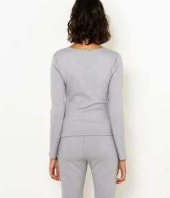T-shirt Cache-cœur Côtelé Femme Gris Clair Chine | Homewear Camaieu Femme -Vêtements Femme Soldes t shirt cache cc593ur cc3b4telc3a9 femme gris clair chine homewear camaieu femme 3