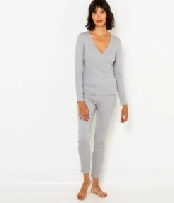 T-shirt Cache-cœur Côtelé Femme Gris Clair Chine | Homewear Camaieu Femme -Vêtements Femme Soldes t shirt cache cc593ur cc3b4telc3a9 femme gris clair chine homewear camaieu femme 4